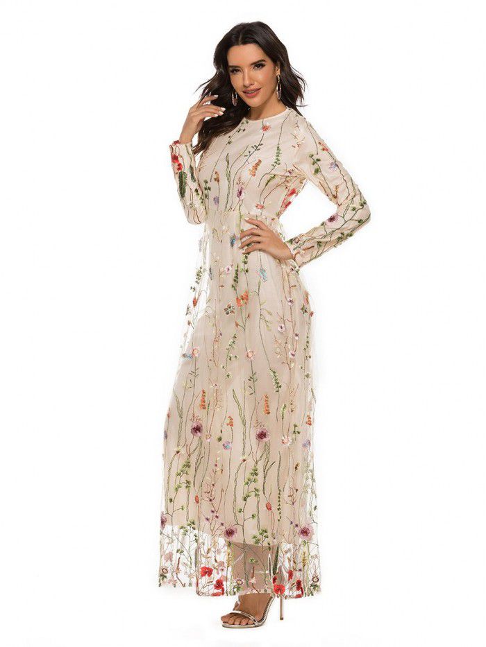 Fashion Embroidery Dress Sweet Flower Lace Long Dress  Fashion Embroidery Dress Sweet Flower Lace Long Dress