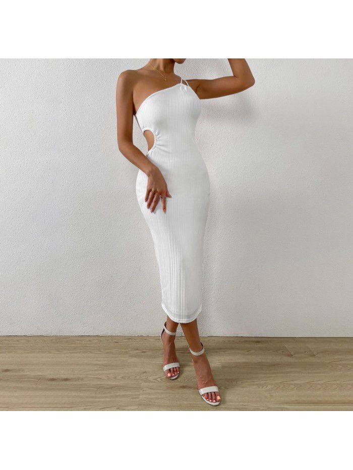 Unilateral shoulder strap slimming suspender dress with exposed backpack buttocks sexy bottom skirt slimming 