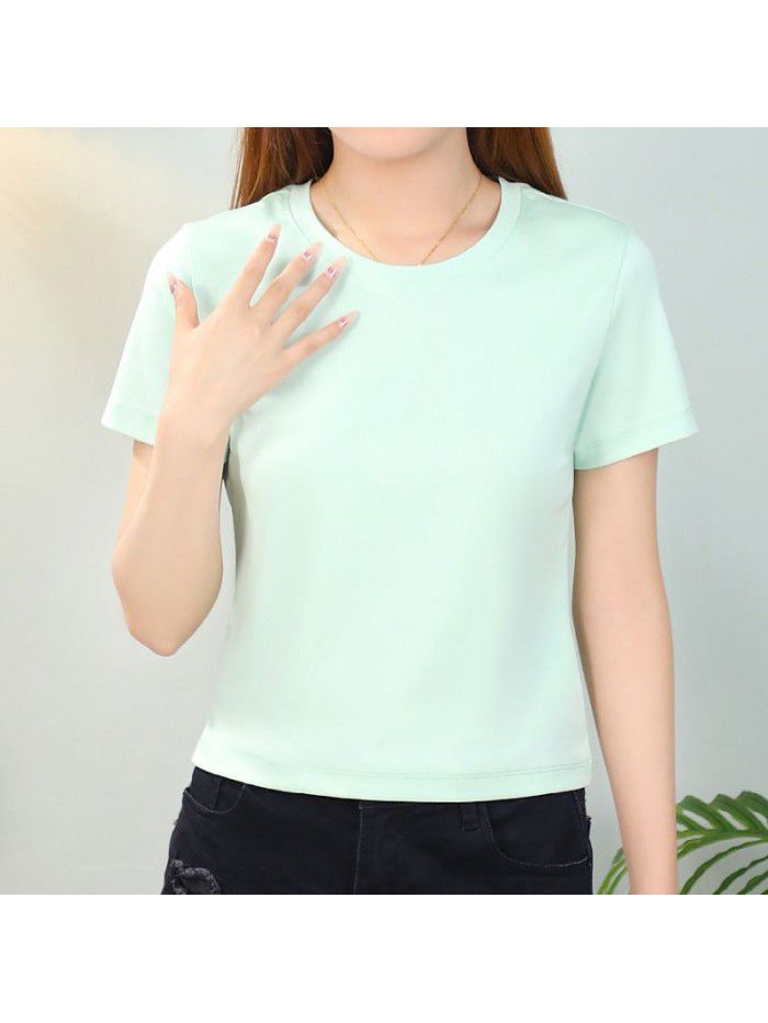 T-shirt Women's Short Cotton High Waist Summer Loose Simple Round Neck Korean Versatile Solid Color T-shirt 