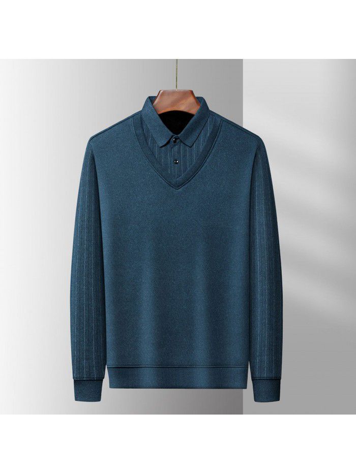 Autumn and winter sweaters with plush and thickened men's lapel stripes for warmth and a base knit shirt 