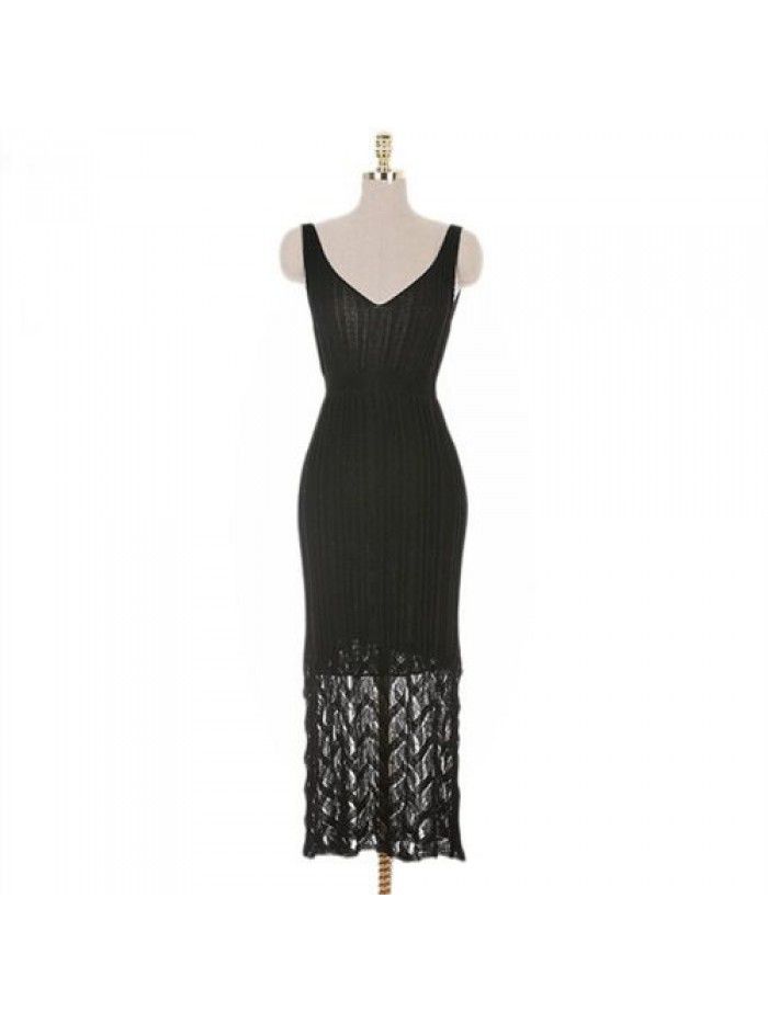 Spring/Summer Mid length Knitted Sling Dress for Women Sleeveless Outwear Over Knee Skirt Underlay Tank Top Long Dress 