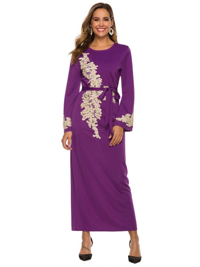 New Style Elegant Embroidery Long Dress Lace Beaded Flare Sleeve Lace Long Dress 