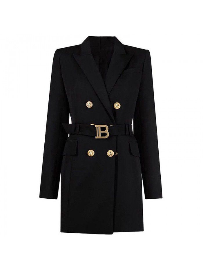 Spring and Autumn New Fashion High grade Solid Color Belt Long Sleeve Slim Fit Temperament Commuter Suit Dress Women 