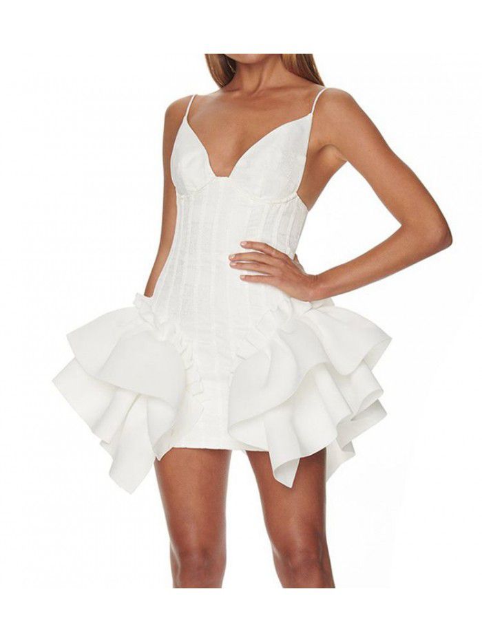 Women's suspender V-neck ruffled edge, European and American sexy leaky back party, mini buttocks dress wholesale and retail 