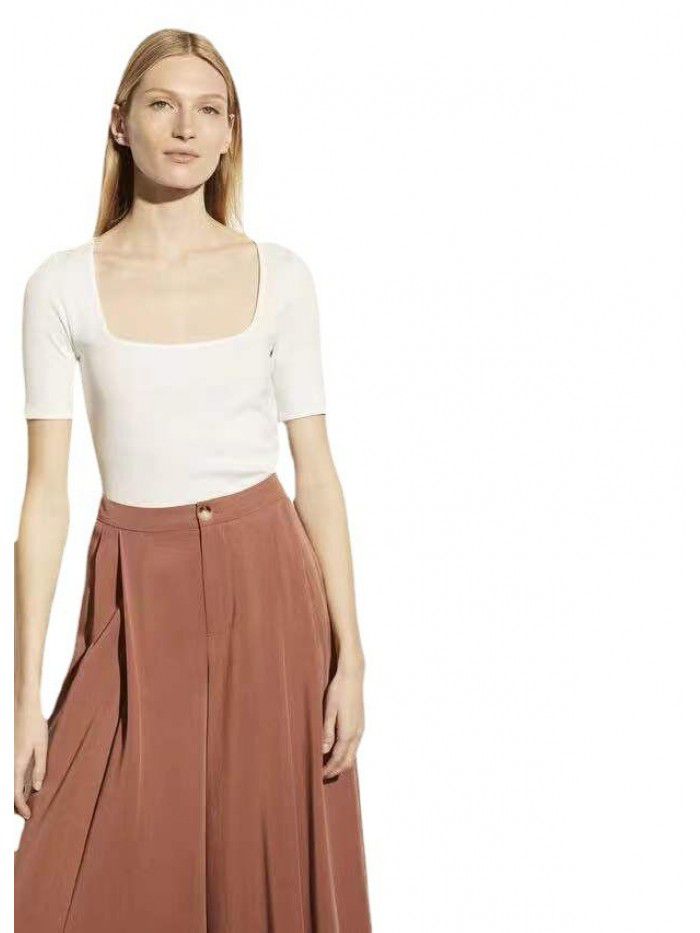 Women's T-shirt Cotton Style Commuter Square Neck Short Sleeve Slim Fit Solid Color T-shirt 