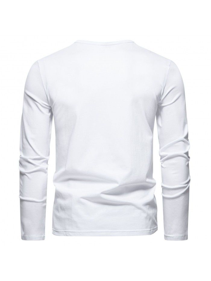 Autumn and Winter New Men's Henley T-shirt V-neck Long Sleeve T-shirt American Retro Casual Solid Base T-shirt Men's 