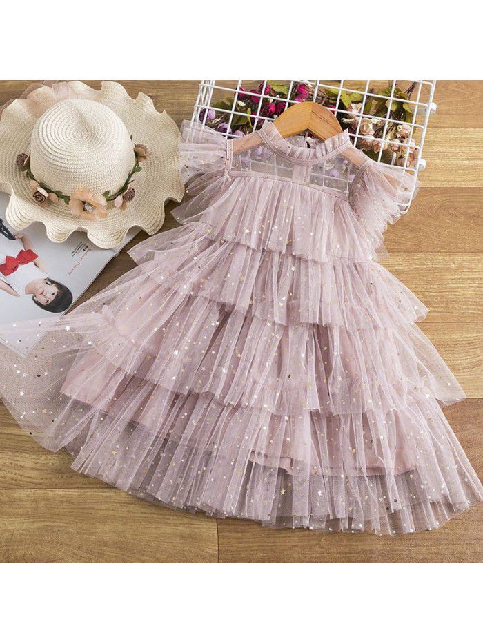 New Children's Dress Girls' Dress Fairy Dress Star Sequin Cake Mesh Children's Puff Dress Princess Dress 