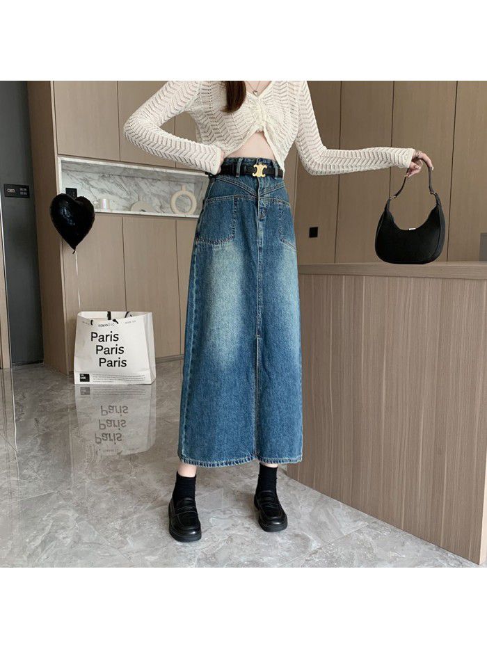 Oversized Hong Kong style retro split denim skirt for women in early spring New high waisted slim A-line mid length skirt 