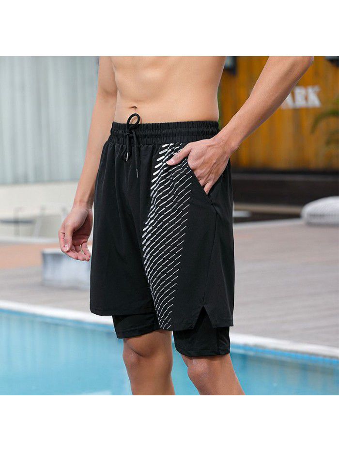 Fake Two Piece Double Layer Quick Drying Sports Shorts for Men's New Printed Breathable Split Running Fitness Capris 