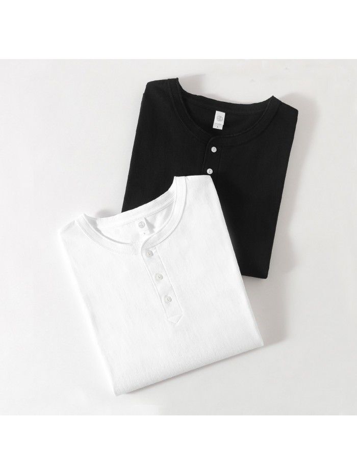 American Vintage Heavyweight Cotton Henry Shirt Short Sleeve Fitness Hardman White T-shirt Men's Summer 