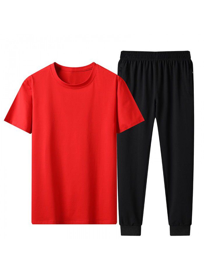 Summer ice porcelain cotton plain casual suit men's short-sleeved t-shirt loose large leggings 