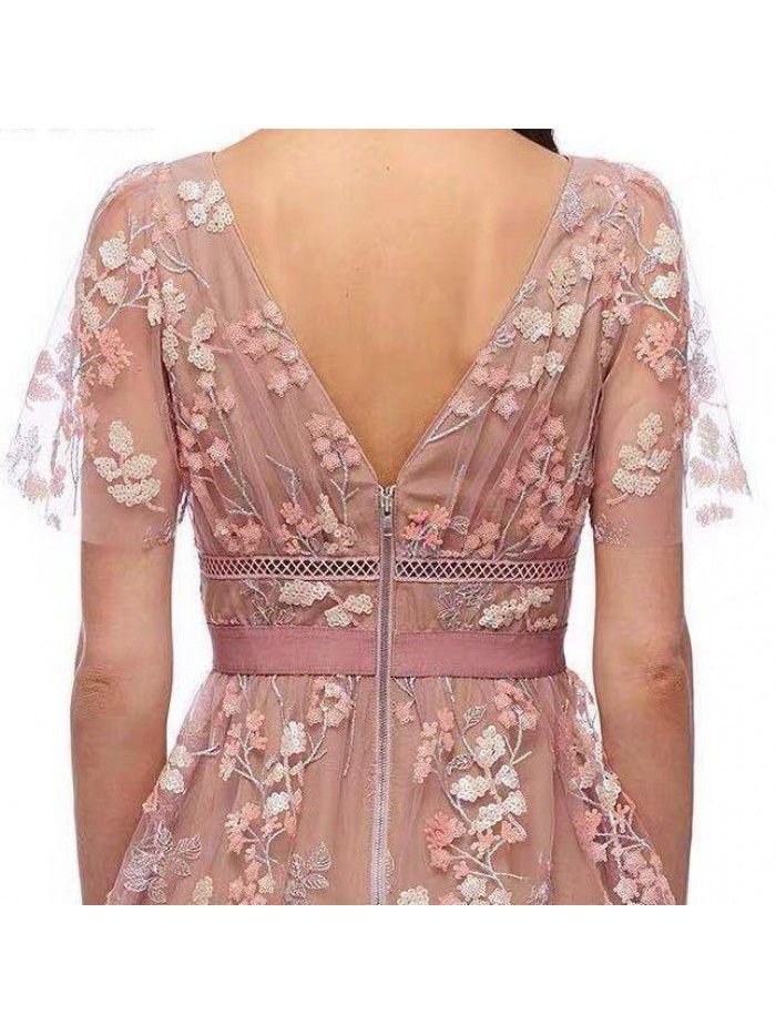 Pink Flower Sequins Beaded High Waist V-Neck Elegant Long Dress Holiday Party Heavy Work Embroidery Dress 