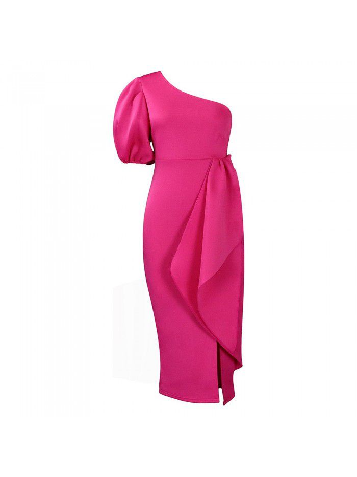 Oblique Neck Split Ruffle Edge Dress Sexy Dress