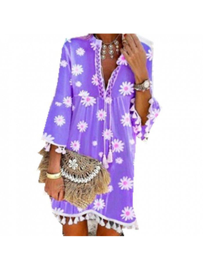 Summer New Hot Selling Print Daisy 3/4 Sleeve Tassel V-Neck Print Dress 