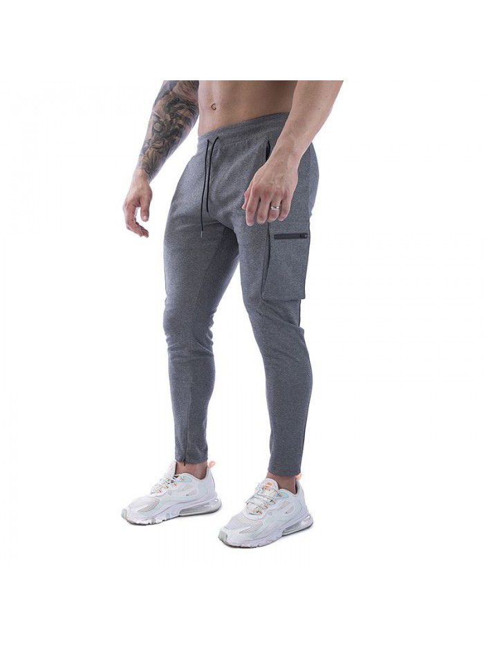 Men's sports pants stretch cotton casual small leg large zip pocket men's pants 
