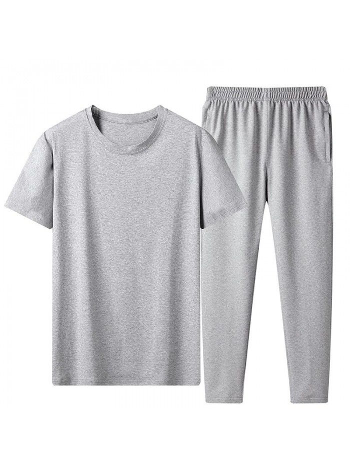 Summer ice porcelain cotton plain casual suit men's short-sleeved t-shirt loose large leggings 