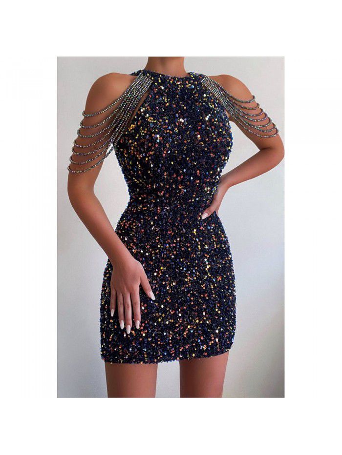 Sequin short dress dress spring and summer women's popular round neck sexy slim fringed dress 