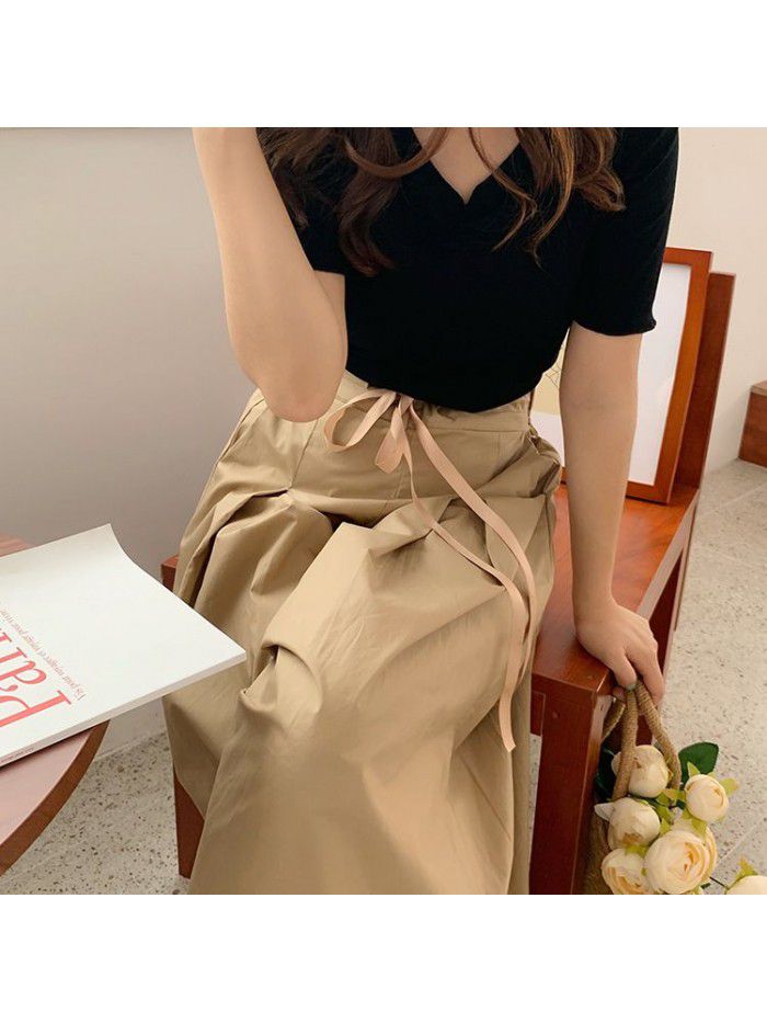 Wide leg pants, women's skirt pants, drawstring elastic waist, slimming pleated pants skirt, summer 