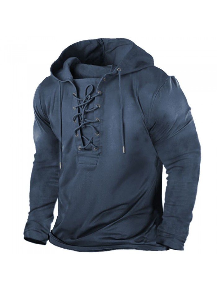 Men's Outdoor Vintage Lace Up Hooded Long Sleeve T-shirt Autumn Solid Casual Top 
