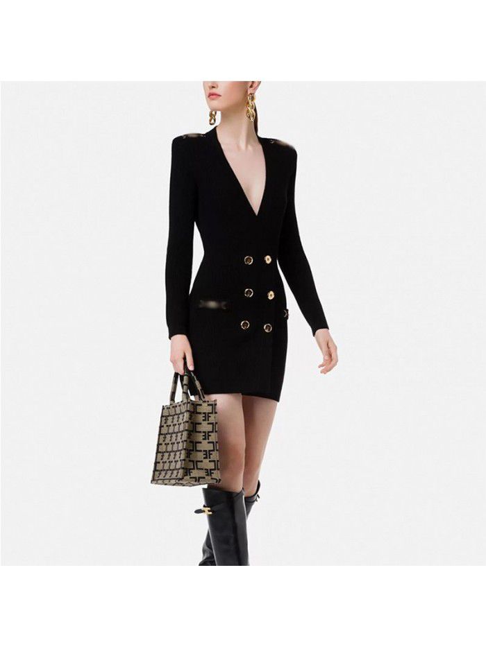 French Vintage Dress Early Autumn Metal Button Art Light Luxury Chain Decoration Wrap Hip Skirt Elastic Knit Skirt 