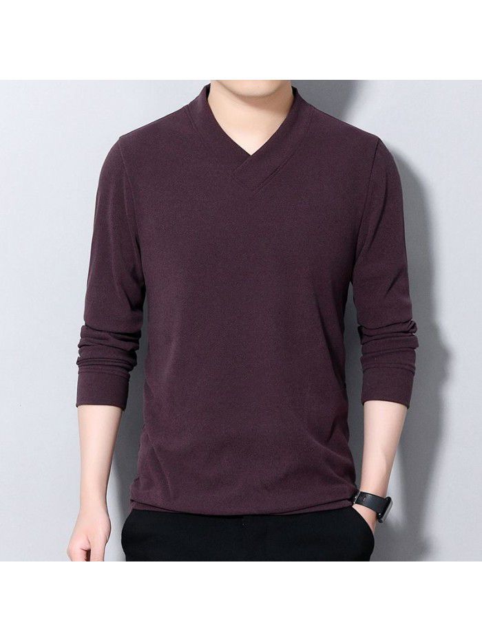 Men's double-sided velvet T-shirt, men's sweater, long sleeved V-neck, large size base coat, spring and autumn new solid color matte top 