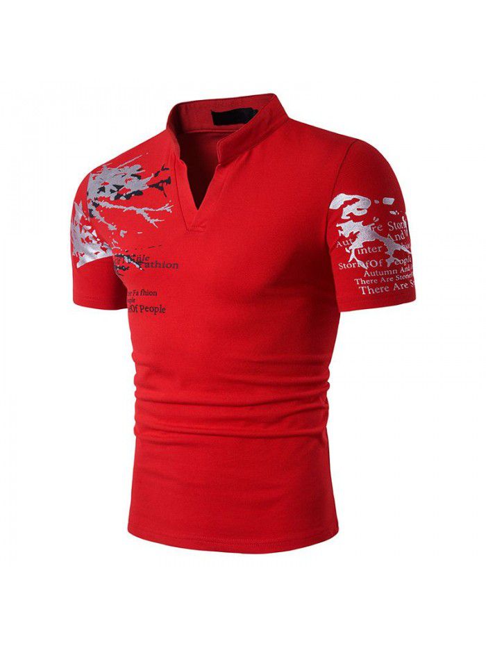 New men's European and American style printed Henry standing neck short sleeve large T-shirt 