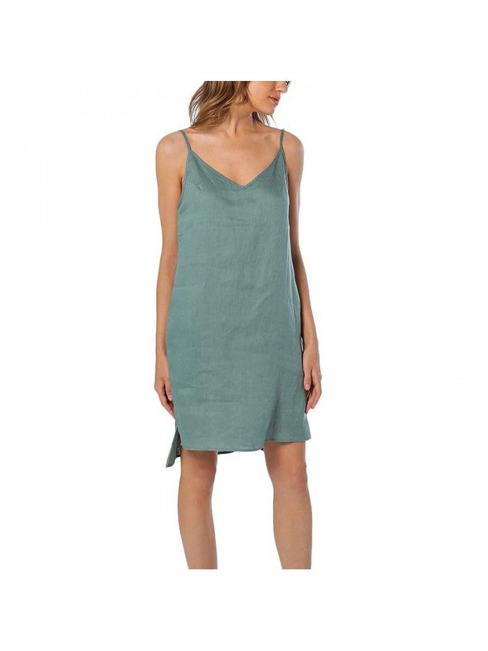 Pure linen suspender skirt for women's casual home vest dress can be worn externally 