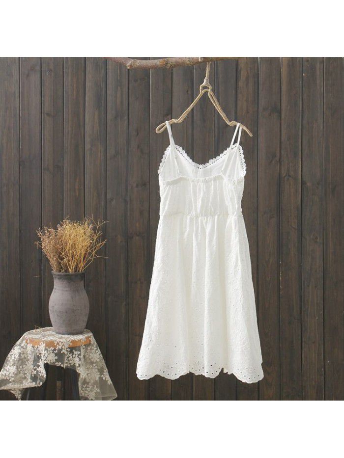 Small fresh seaside resort v-neck waist beach skirt fairy temperament cotton lace open back suspender dress 