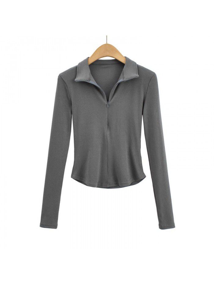 Spring Korean basic slim fitting zipper lapel clean face long sleeved T-shirt top for women 
