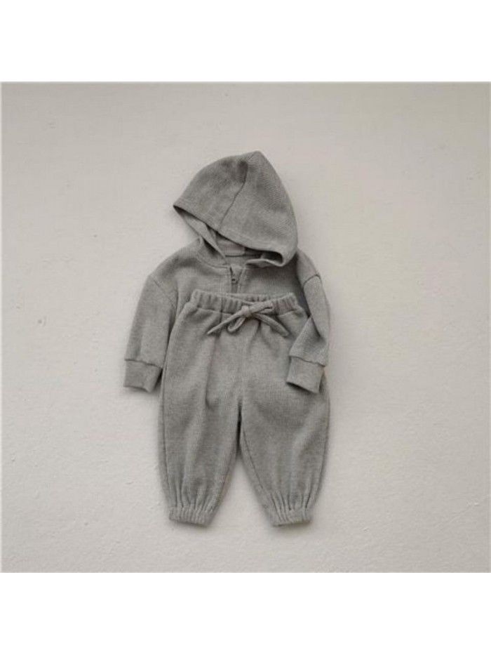 Children's casual set, spring and autumn styles, baby waffle hooded men's and women's baby sweaters and pants two-piece set 