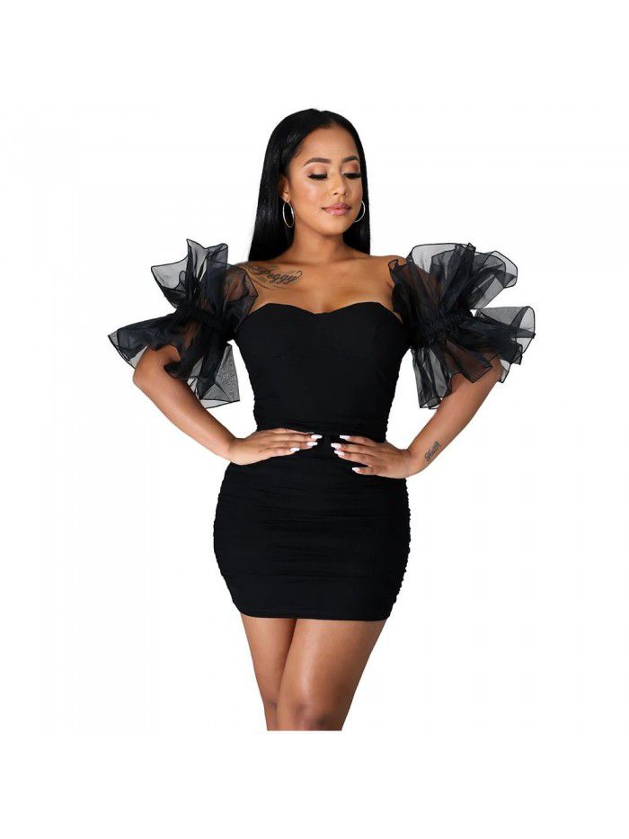 Mesh low cut bra wrap buttocks skirt Spicy girl style open back slim fitting elastic tight short skirt 