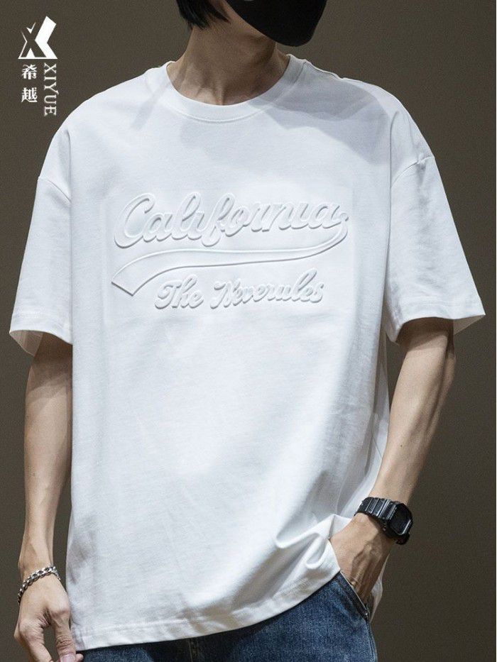 Black Short Sleeve T-shirt Men's Cotton Loose Large Men's Wear Men's Steel Print Boys' Top 