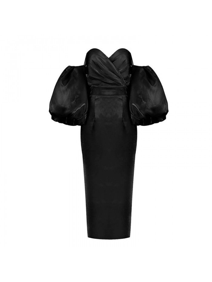 Autumn Women's Solid Color Wrapped Chest High Waist Lantern Sleeve Mid length Dress Dress  Autumn Women's Solid Color Wrapped Chest High Waist Lantern Sleeve Mid length Dress Dress