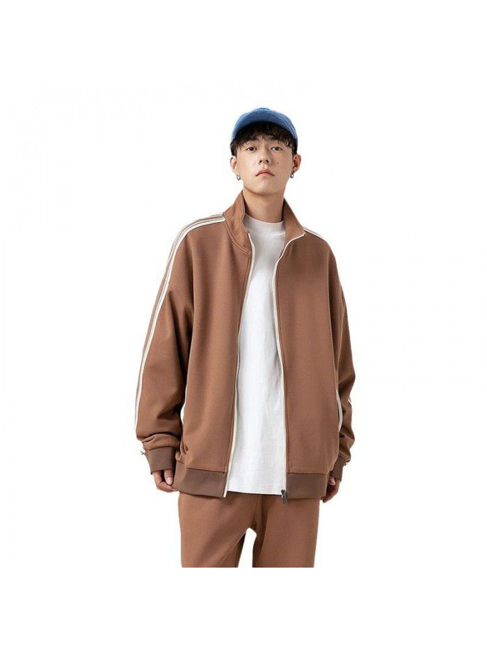 Retro American Street Style Casual Sports Set Men's Cardigan Mock Neck Jacket Guard Pants Autumn Couple Two Piece Set 