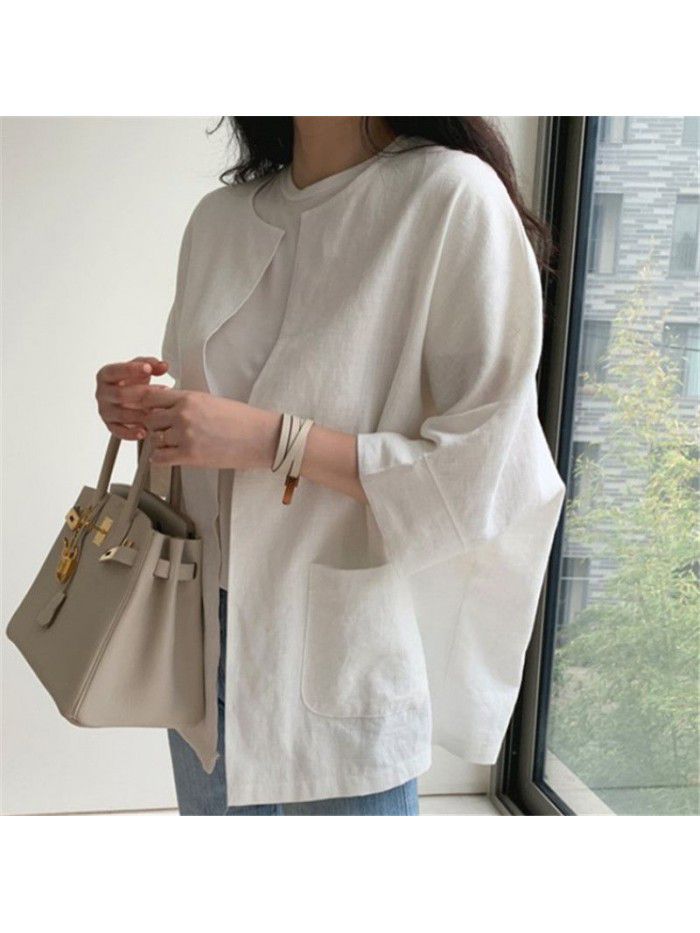 Loose ice silk cotton and hemp top Spring and summer new vintage large color contrast simple cotton and hemp T-shirt female 