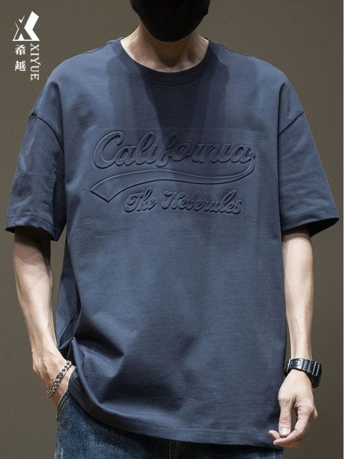 Black Short Sleeve T-shirt Men's Cotton Loose Large Men's Wear Men's Steel Print Boys' Top 