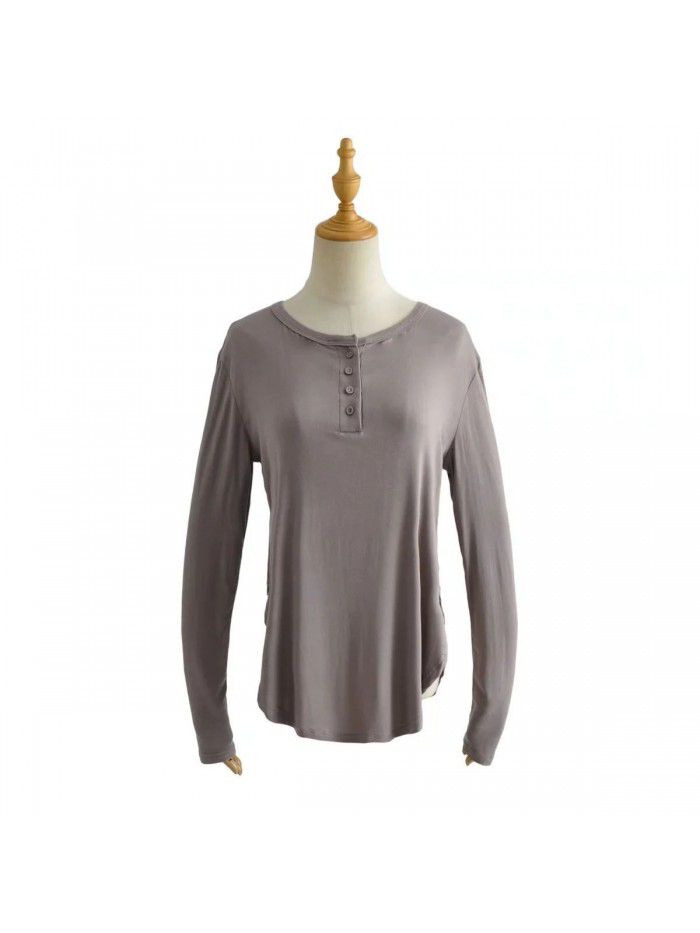 Spring and Summer New Women's Curved Bottom Access Control Three Button Round Neck Long Sleeve Loose Casual Long T-shirt Top 