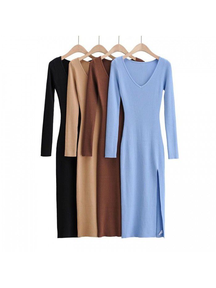 Dress Autumn and Winter Style Temperament Slim Fit V-neck Over Knee Long Dress Sexy Side Split Knitted Dress  Dress Autumn and Winter Style Temperament Slim Fit V-neck Over Knee Long Dress Sexy Side Split Knitted Dress