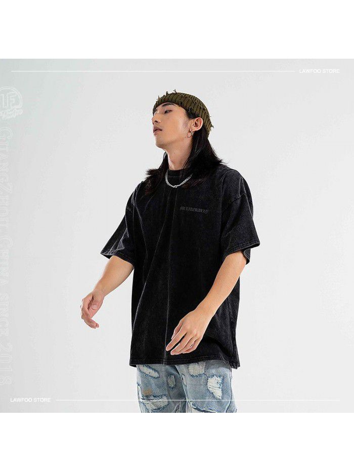 Text Printing Small Neckline Drop Shoulder Loose Fit Couple T-shirt Trend 
