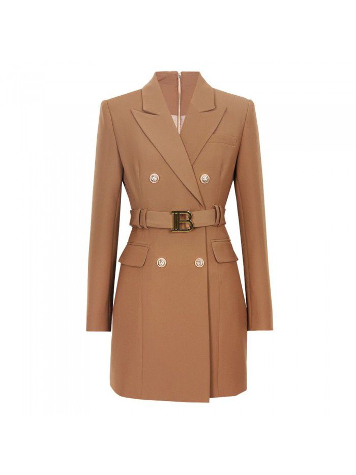 Spring and Autumn New Fashion High grade Solid Color Belt Long Sleeve Slim Fit Temperament Commuter Suit Dress Women 