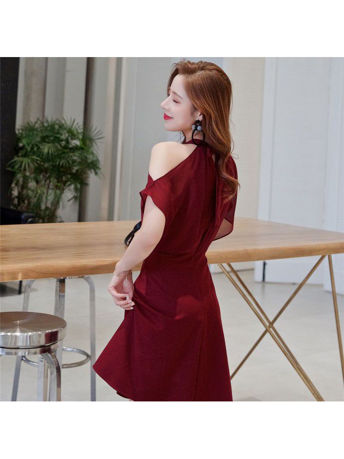 French Elegant Little Black Dress Small Sexy Ruffle Shawl Slim Fit Black Hanging Neck Dress 