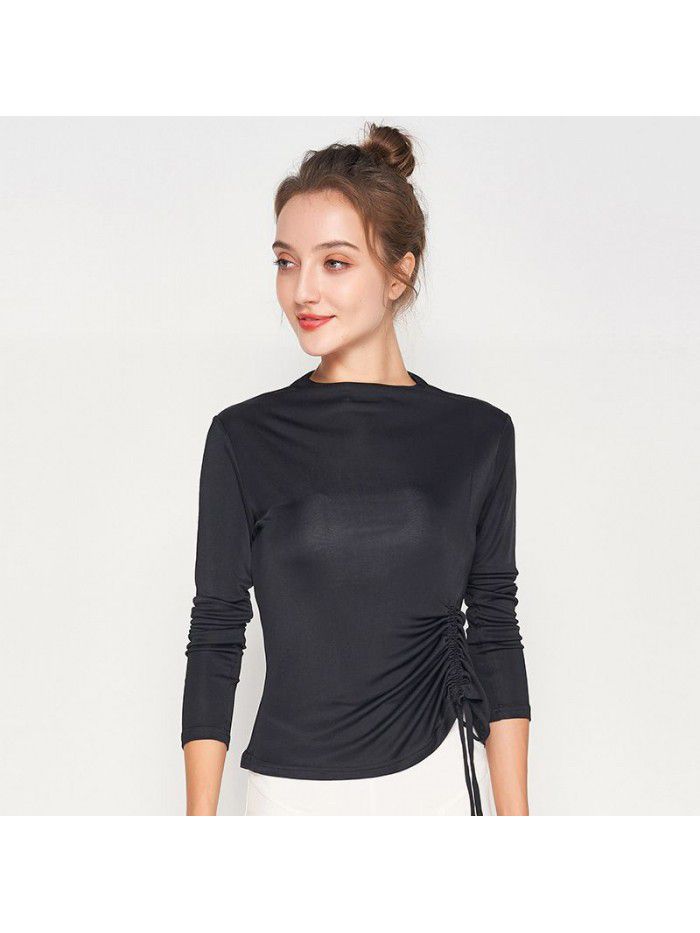 Autumn New Silk Bottom Shirt Women's Long Sleeve T-shirt Silk Drawstring Slim Fit Medium High Neck Top 
