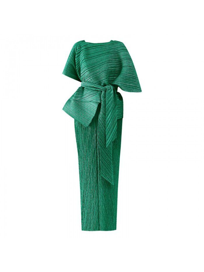 Summer New Two Piece Set Temperament Women's Slim Fit Long Party Fashion Pleated Dress 