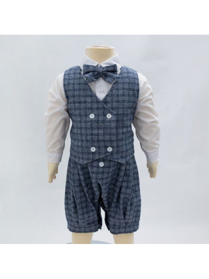 Children's Spring and Autumn Gentlemen's Dress Set Boys' Long Sleeve T-shirt Vest Strap Pants 3PK Set 