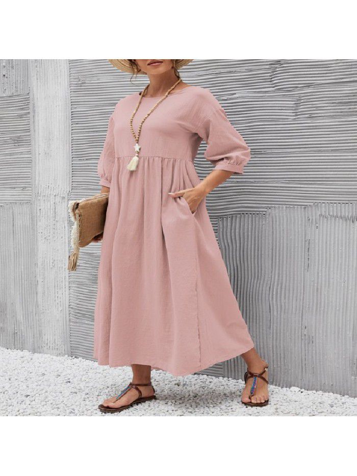 New Women's Solid Color Fashion Lantern Sleeves Loose Cotton Linen Pocket Dress 