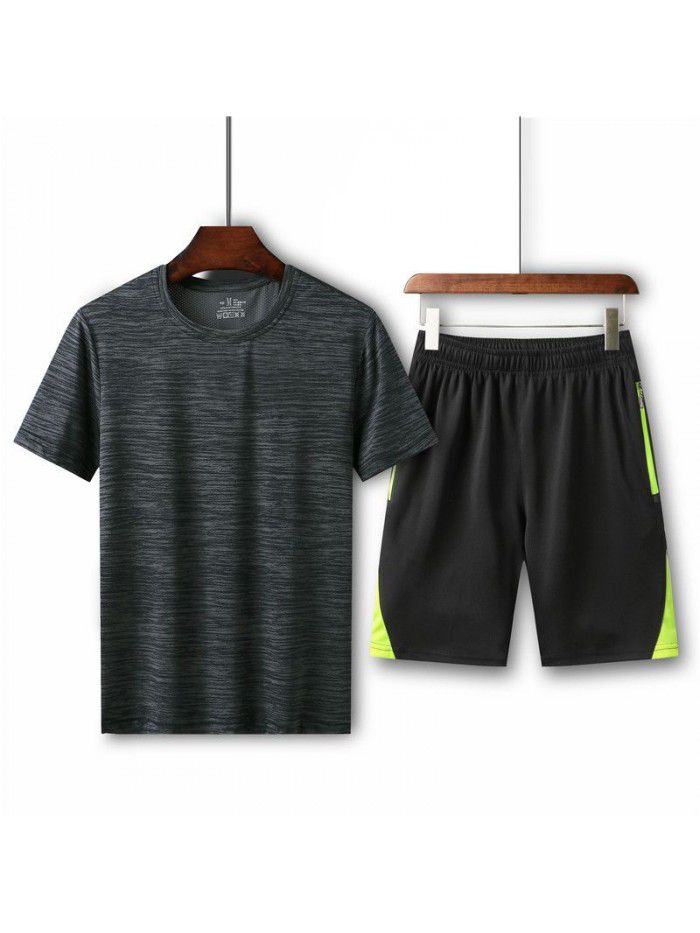 Summer men's loose fitting T-shirt running casual short sleeved round neck quick drying shorts sports set