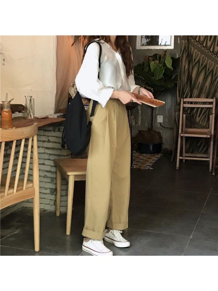 Spring/Summer Korean Version Simple Versatile Loose BF Port Style Casual High Waist Work Wear Straight Tube Casual Pants Women's Wide Leg Pants 
