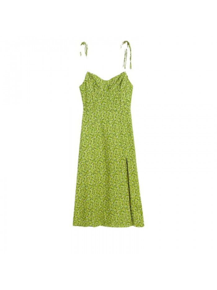 New Shoulder Lace up Slim Slim Slim Hanging Strap Avocado Green Fragmented Flower Split Dress for Women 