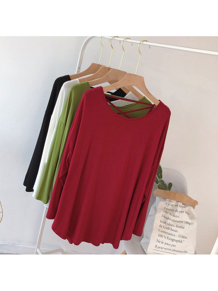 Sexy backless long sleeved T-shirt for women, loose fitting large size Korean autumn outfit, solid color drape, lazy dance dress 