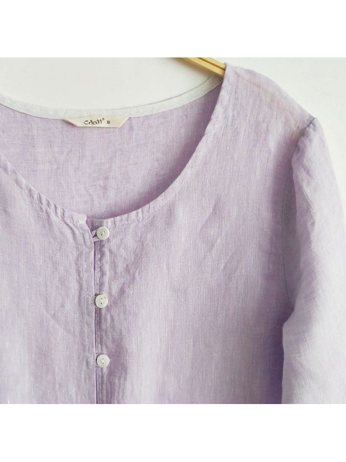 Pure linen medium sleeved medium length large swing dress 